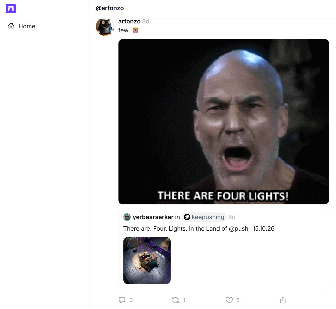 arfonzo's tweet photo. It's fucking wild that my "last cast" for those stuck on the shrinking island of NS Farcaster client is this... the last thing that they'll see on my profile.

How fucking apt is this? Damn. @yerbearserker @up_remember 😹😹😹 https://t.co/Vh5lK00m1T