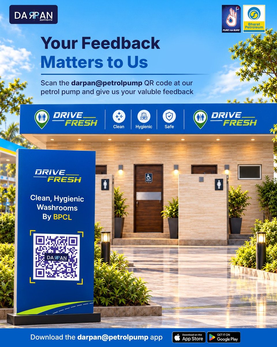 BpclBilaspurRet's tweet photo. Clean & hygienic toilet facilities at
Trishul Energies | Bilaspur Territory
Your comfort, hygiene & feedback matter to us! 💙💛
📲 Scan the Darpan QR code to share your feedback.
#BPCL #Cleanliness #CustomerFirst #SwachhBharat6 #DriveFresh https://t.co/XJz3Hbqzxh