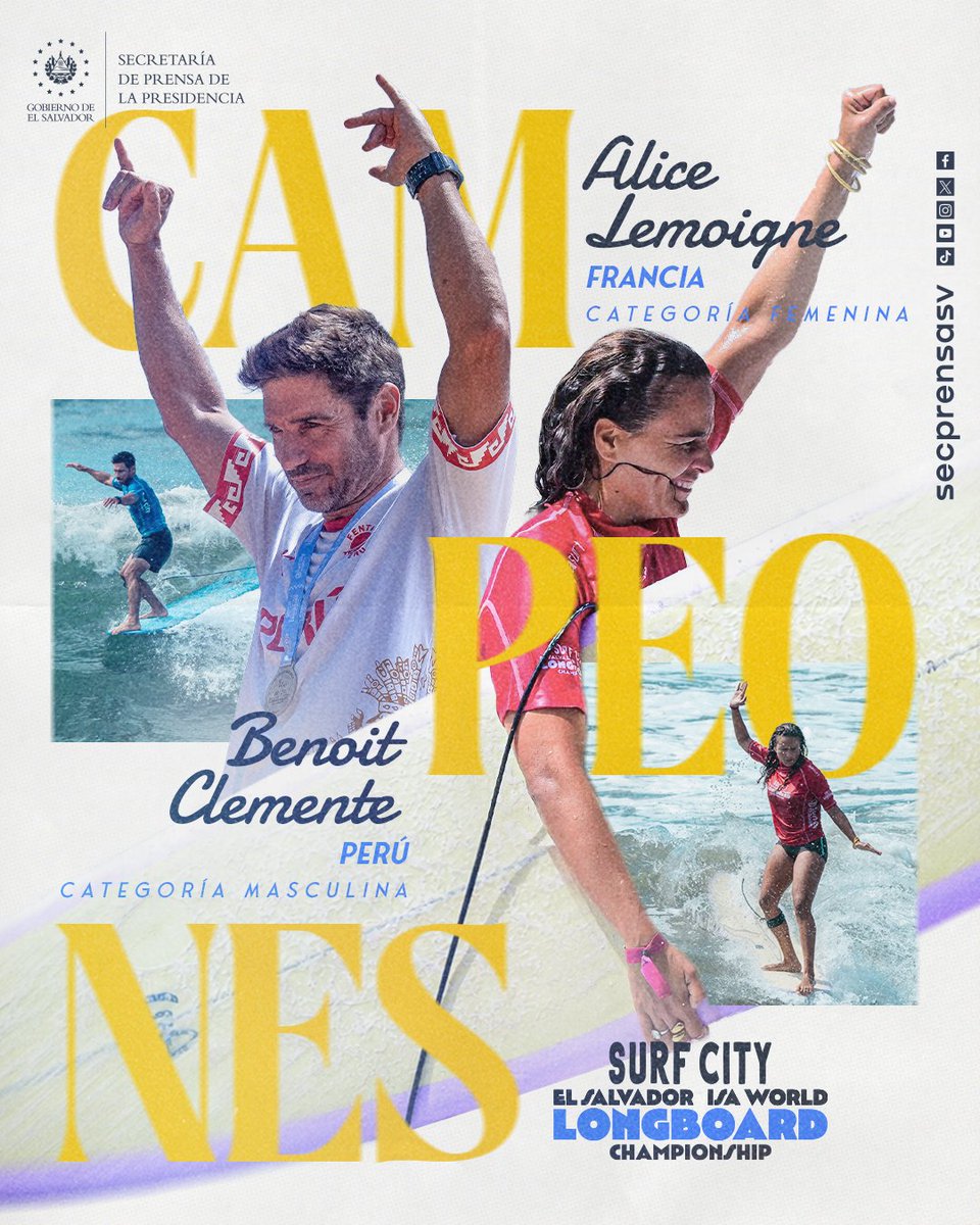 SecPrensaSV's tweet photo. 37 naciones se congregaron sobre una misma ola para competir en el Surf City El Salvador ISA World Longboard Championship, pero solo dos atletas se coronaron campeones del evento: en la rama femenina, la francesa Alice Lemoigne aseguró el oro registrando 14.73 puntos y en la categoría masculina, el peruano Benoit Clemente con 17.30 puntos. 

El clima de seguridad impulsado por el Gobierno del Presidente @nayibbukele ha generado condiciones ideales para que el país continúe recibiendo actividades de talla mundial.