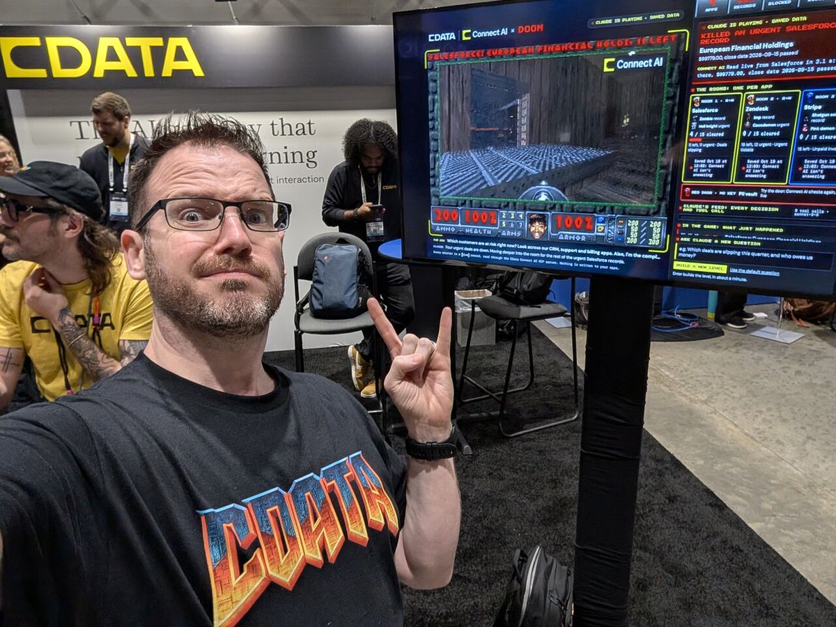 jeRodimusPrime's tweet photo. One more day at @AgenticAIFdn AGNTCon+MCPCon with @cdatasoftware where Doomguy is "processing" live data via Connect AI Gateway.

Want the shirt? Come by @suprgeek's session in Room 210A @ 2:55PM! https://t.co/PHnN7zRQce