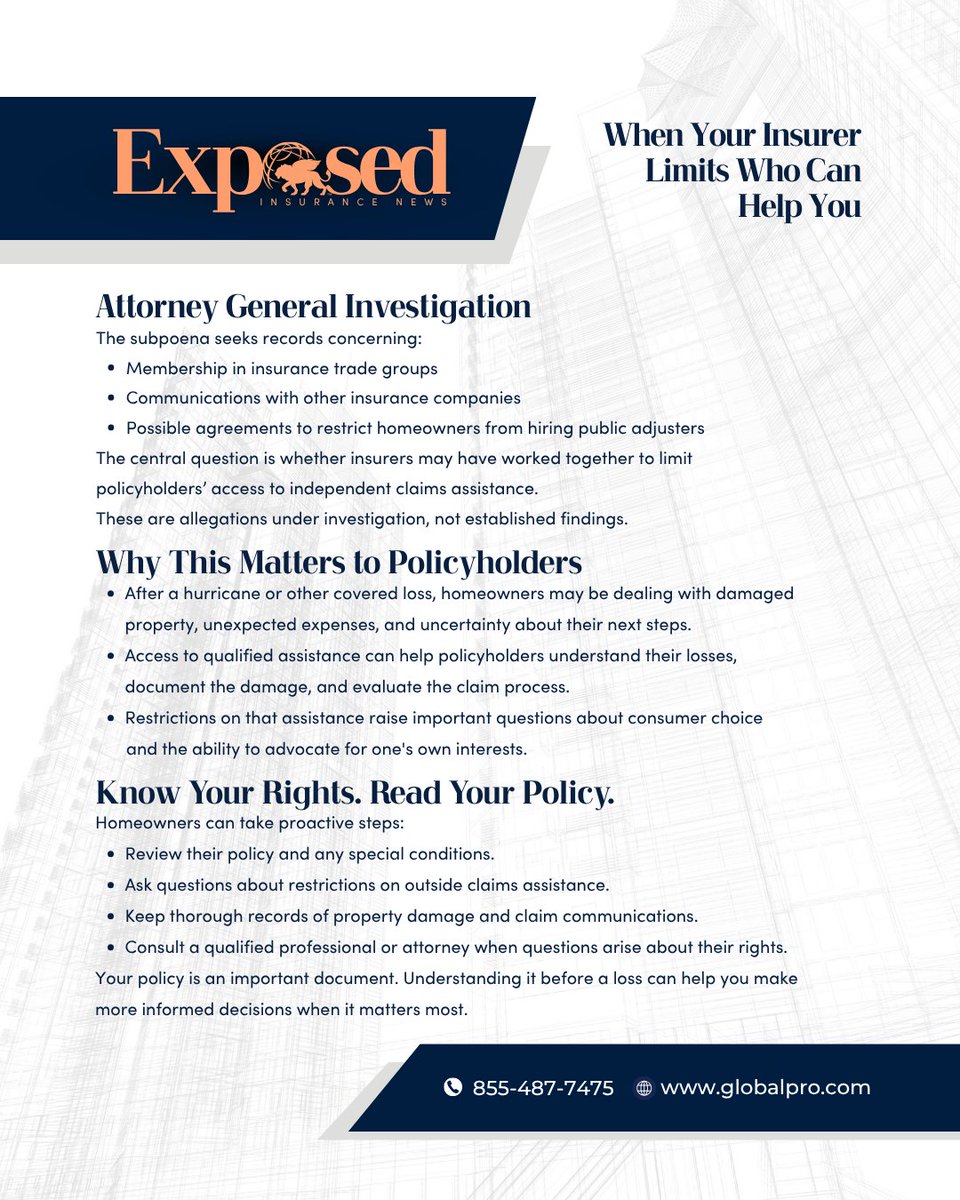 GetGlobalPro's tweet photo. The investigation includes a subpoena issued to Velocity Risk Underwriters, LLC, seeking records related to potential agreements limiting access to independent claims assistance. https://t.co/A5GaM3zfiZ

CALL US FIRST (855) 487-7475 | https://t.co/fTp7UL0xx0
#Florida #GlobalPro https://t.co/9I2UEHOTAl