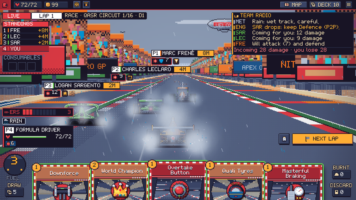 lainemotorsport's tweet photo. Formula plays around the ERS bar: some cards charge it, others dump it all in one go. And in the rain, the spray from the cars ahead makes it really hard to see.
#indiedev #deckbuilder #pixelart #F1 https://t.co/YJ2vrwPc3Y