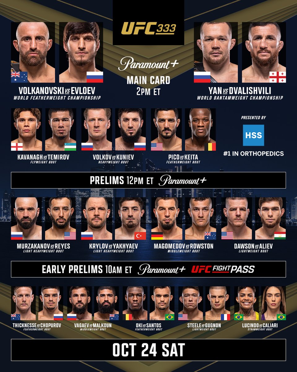 ufc's tweet photo. THE MOMENT AWAITS 😤

Here’s the #UFC333 Fight Card 🫳

@VisitAbuDhabi | @InAbuDhabi | #InAbuDhabi 

[ OCT 24 | 2pmET LIVE on @ParamountPlus | B2YB: @HSpecialSurgery ] https://t.co/UDWK26pmSn
