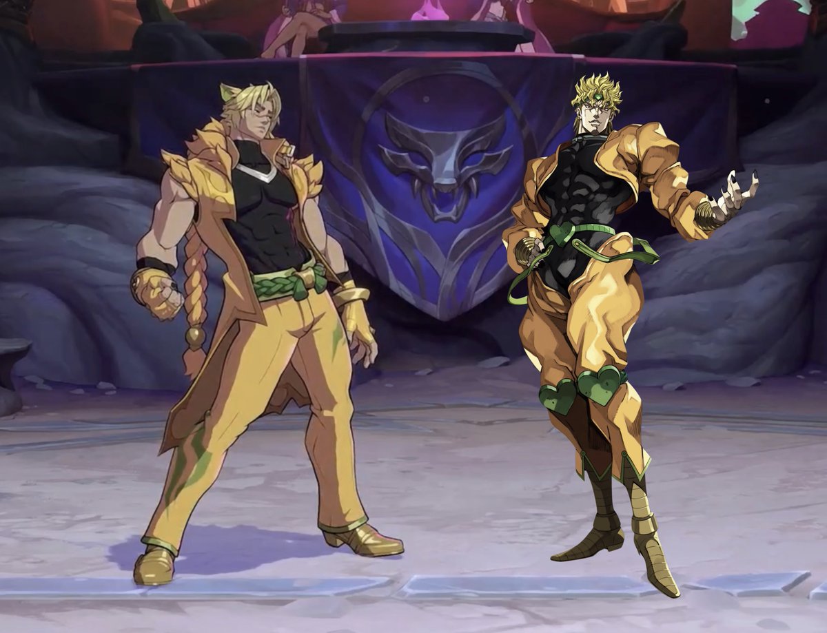 wavvdash's tweet photo. Sett has a Dio Brando chroma in 2XKO!

League of Legends Sett and Dio Brando share the same JP voice actor in Takehito Koyasu. Sett also has a community-recognized emote ("It was me, Sett!") that mirrors Dio Brando's iconic "It was me, Dio!" pose. https://t.co/M3hPOoGWGW