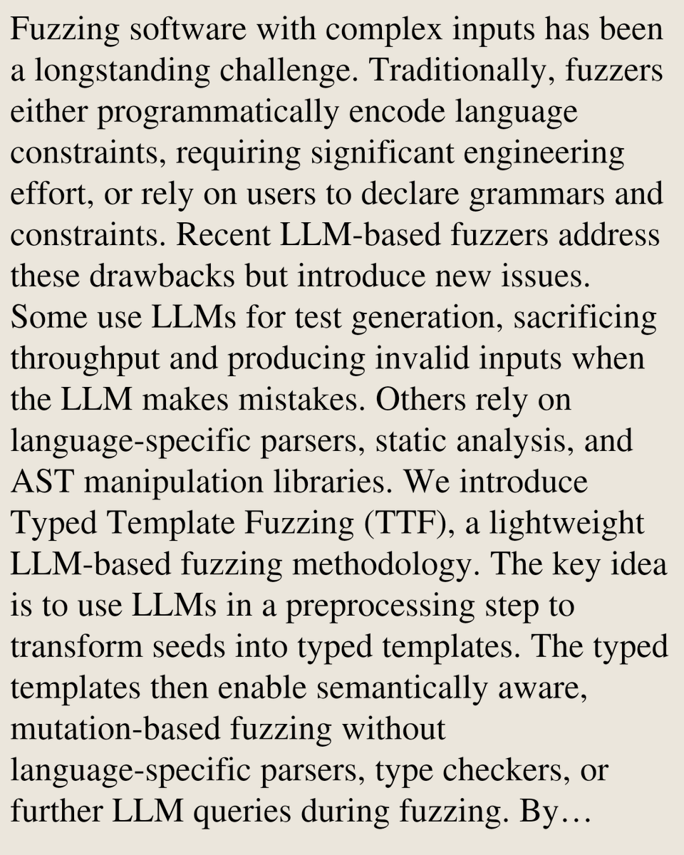 ComputerPapers's tweet photo. Typed Template Fuzzing

Lu Maltsis, Dominik Winterer
https://t.co/hR2Xgghpmd [𝚌𝚜.𝚂𝙴 𝚌𝚜.𝙿𝙻] https://t.co/H2xJa5qMHD