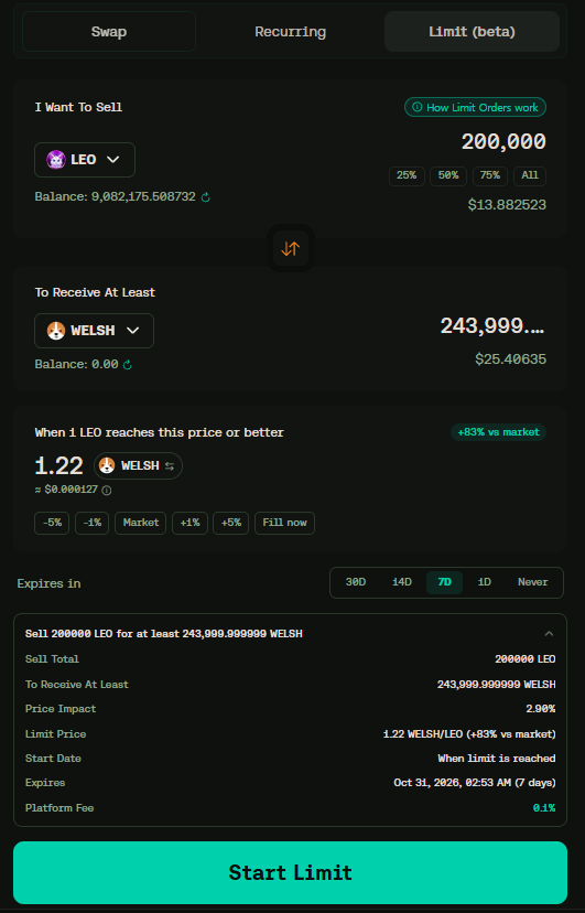 DannisKim15's tweet photo. @bitflow  released a new feature update!

You can now place Limit Orders on the DEX. 
I set limit orders for LEO-WELSH and used the DCA feature. 
No need to watch the screen anymore—just close it and wait for execution.

Bitflow continues to evolve every day.👏👏👏 https://t.co/k0nQ6mZPgu