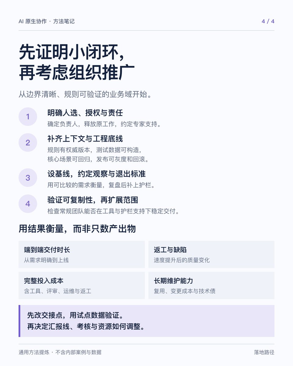 herryhengAI's tweet photo. AI 让执行更便宜，稀缺的变成判断、验证和担责。

协作如何从“职能接力”走向“业务闭环”？整理了四张图：
① 协作方式
② 角色与责任
③ 五层工程护栏
④ 试点与推广

先减少交接，再用交付时长、质量、完整成本和长期复利验证成效。

#AI #组织协作 https://t.co/B8Yg2L4LVx