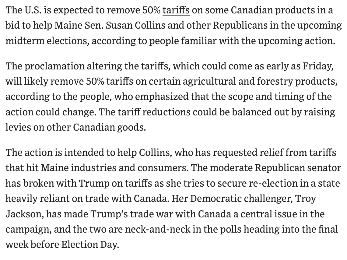 GavinBade's tweet photo. SCOOP: Trump expected to remove some tariffs on Canada in bid to help Sen. Susan Collins, other Repubs.

Reductions on agriculture and forestry products expected, could be balanced out with higher/new levies on other goods.

Could happen today, though timing could slip https://t.co/V9tJ9kTejL