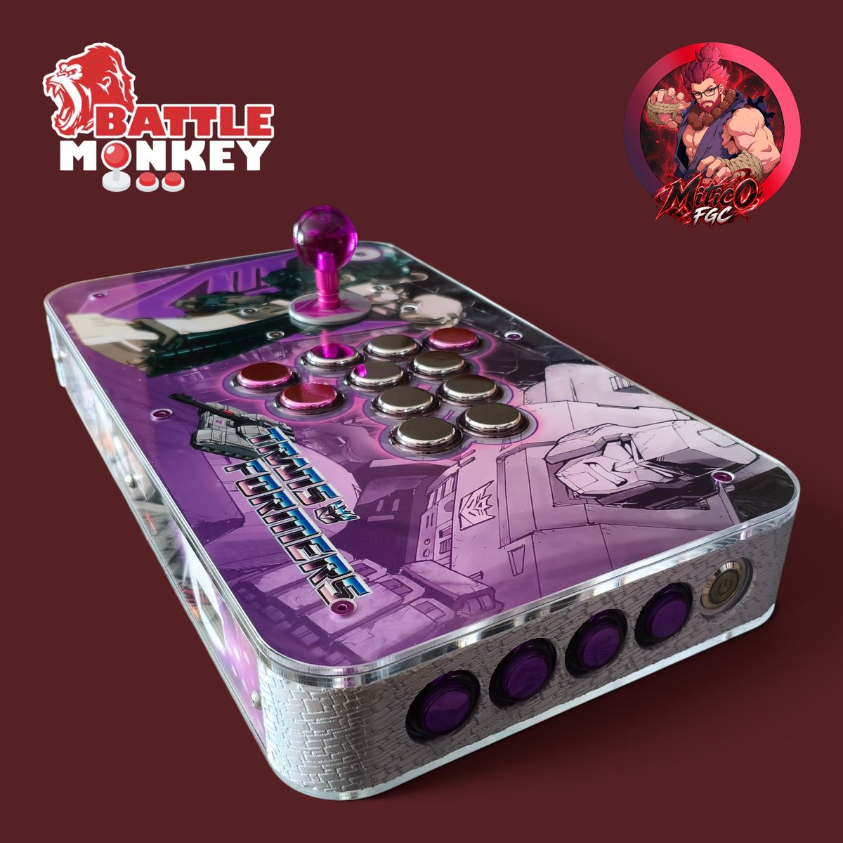 MiticoFGC's tweet photo. Recently I received this custom build done by the talented Spanish maker @XBattleMonkeyX 
It's a piece of art, Megatron artwork designed by me, jlx2 silent lever and sitong with jade switches. The best from many world! #fightstickfriday #fightstickeveryday https://t.co/MnfCL0vfTI