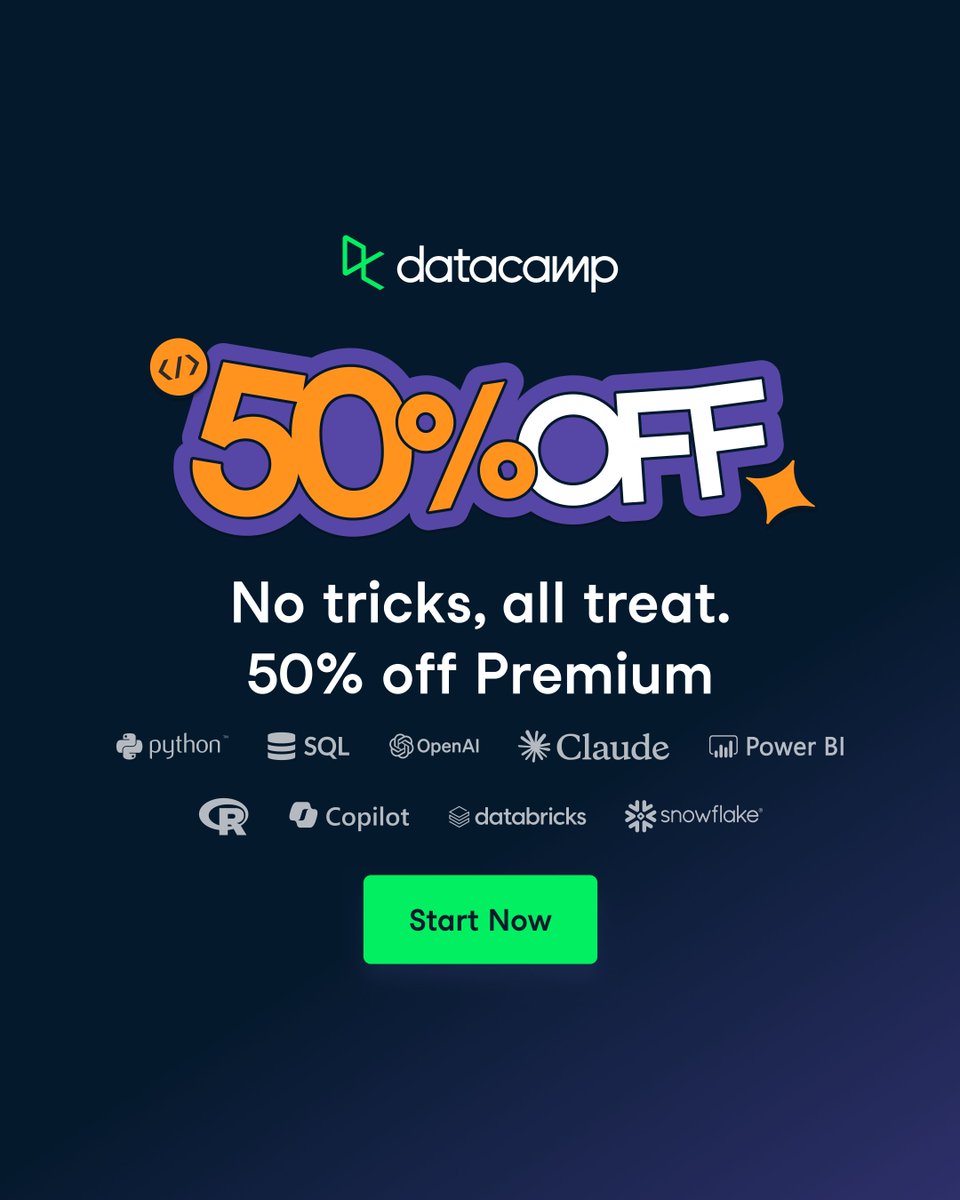 DataCamp's tweet photo. Everyone's scared of the wrong AI monster. 🧛

Robots are cheaper than people for 0.3% of work (Anthropic). Only 21% of orgs track their AI agents in real time.

The scary part isn't the machine. It's not understanding it.

So 50% off DataCamp is back from the dead 👻

Save now https://t.co/89QKhLihBW