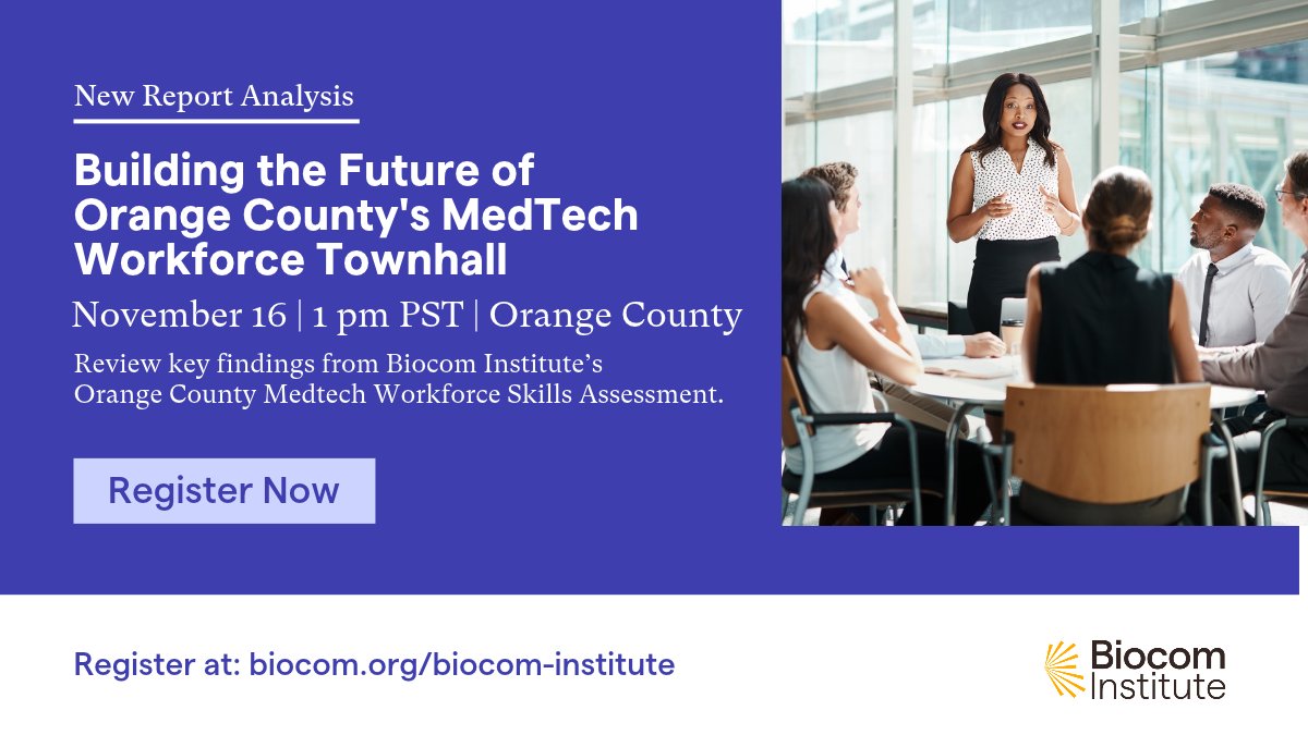 Biocom's tweet photo. Orange County leaders across medtech and life sciences are invited to join @BiocomInstitute for its upcoming town hall, to review key findings from the OC MedTech Workforce Skills Assessment.  

Attendees will explore current and emerging regional workforce needs, discuss actionable takeaways for employers and connect directly with workforce partners shaping local talent pipelines.  

Reserve your seat: https://t.co/W0a3mjqZoi