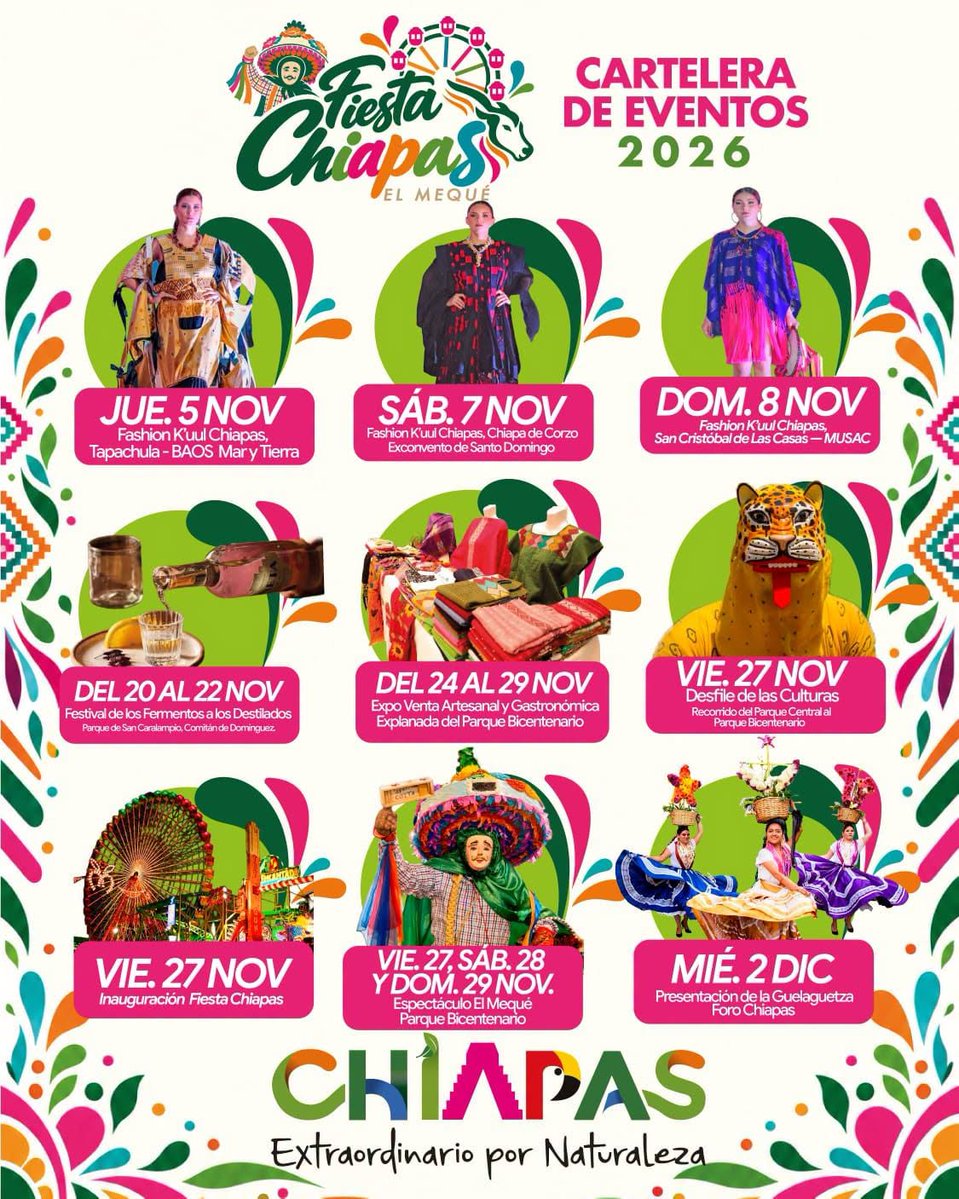 Sectur_Chiapas's tweet photo. Les compartimos las fechas oficiales de los eventos culturales de la Fiesta Chiapas, El Mequé. ¡Los esperamos para celebrar juntos la fiesta de todas y todos!
#ChiapasExtraordinarioPorNaturaleza https://t.co/pJGdIKGBwh