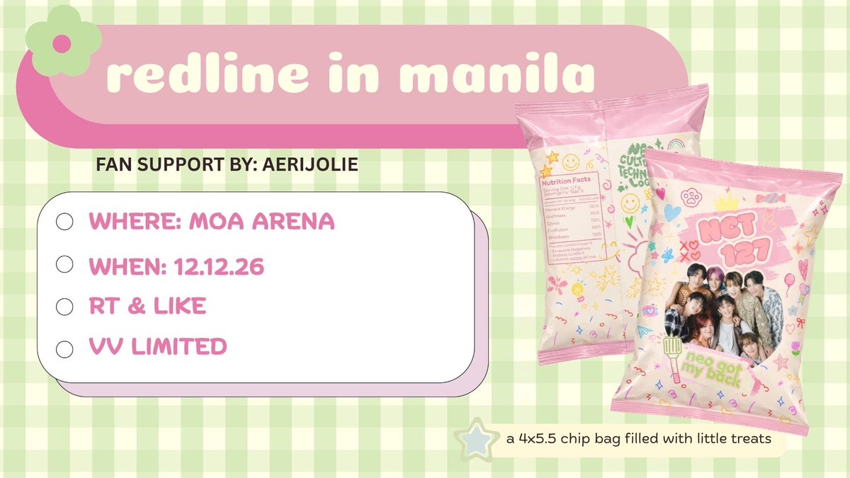 aerijolie's tweet photo. holaaaa here’s some treats for you!
fan support by @aerijolie 

- dni if not ot8
- vv limited

see u sa dday chilzens!

#NCT127inMANILA2026 
#NCT127_5TH_NEOCITY_THE_REDLINE https://t.co/G6OtI2rAEZ