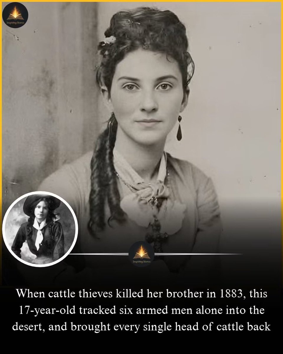JBMAGA03's tweet photo. 🔥 This is the America they don’t teach anymore.

1883: Cattle thieves murdered her brother. This 17-year-old tracked six armed men alone into the desert… and brought every single head of cattle back.

No excuses. No backup. Just grit, a rifle, and the refusal to let evil win.

The same spirit that built this country.