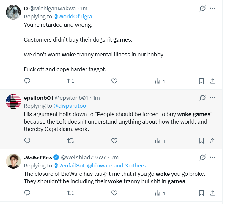 JamieValues's tweet photo. Oh look. Bigot used ableist, transphobic and homophobic slur all in one post. Stupid a**hole. Get off the internet. "Go woke, go broke" is a saying made by mentally ill bigots who can't accept diversity in video games. None of the games are woke. Blocking you all. https://t.co/WKbWRYu0WL