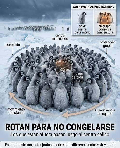 GustavoAdolf_'s tweet photo. Cuando las tormentas de la Antártida azotan con temperaturas de hasta -40°C, los pingüinos 🐧no compiten por sobrevivir, se agrupan. En el centro del bloque, el calor compartido alcanza los 35°C positivos. Sin embargo, ningún pingüino se apropia de ese privilegio de forma egoísta. Mediante un patrón matemático fascinante, el grupo se mueve en constante rotación: los que están en los bordes exteriores van avanzando hacia el interior, mientras los del centro ceden su lugar para ir a proteger la periferia.Todos se turnan. Todos reciben exactamente la misma porción de calor y de resguardo. Ninguno se queda atrás ni es abandonado a su suerte en la tormenta.
La verdadera fortaleza de una comunidad o de un vínculo no se mide por quién resiste más solo, sino por cómo se cuidan unos a otros cuando el frío arrecia. 
En la ley del más fuerte, el individuo perece; en la ley de la cooperación inteligente, nadie se congela para siempre. 
Aprendamos de la naturaleza.