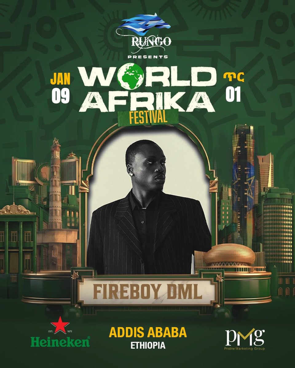 Twin_Szn's tweet photo. Fireboy DML is set to headline the WORLD AFRIKA FESTIVAL in Addis Ababa, Ethiopia on January 9th, 2027 (20K capacity). 🇪🇹 https://t.co/e1zDPE9bhr