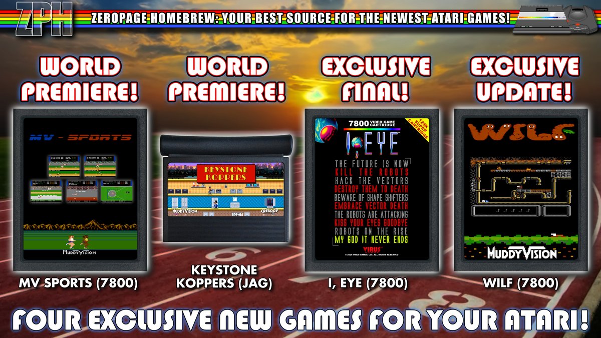 zeropagehomebre's tweet photo. Four Atari EXCLUSIVES on @zeropagehomebre today including two WORLD PREMIERES! NEW MV Sports, Keystone Koppers &amp; Wilf all from @MuddyVision_uk plus I, EYE for 7800!

WATCH LIVE @ 12PM PT / 3PM ET / 7PM GMT
https://t.co/cJA8dS36Gy https://t.co/2BOHacvPZ1