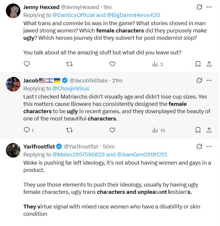JamieValues's tweet photo. Incels being anti-woke grifters is not surprising in the slightest. You clowns are pathetic. None of the female characters are ugly. This is you being mad that female characters are not being designed for you to jerk off to. I am convinced all of you are lonely virgins. 🤡 https://t.co/kTFroIoHkz