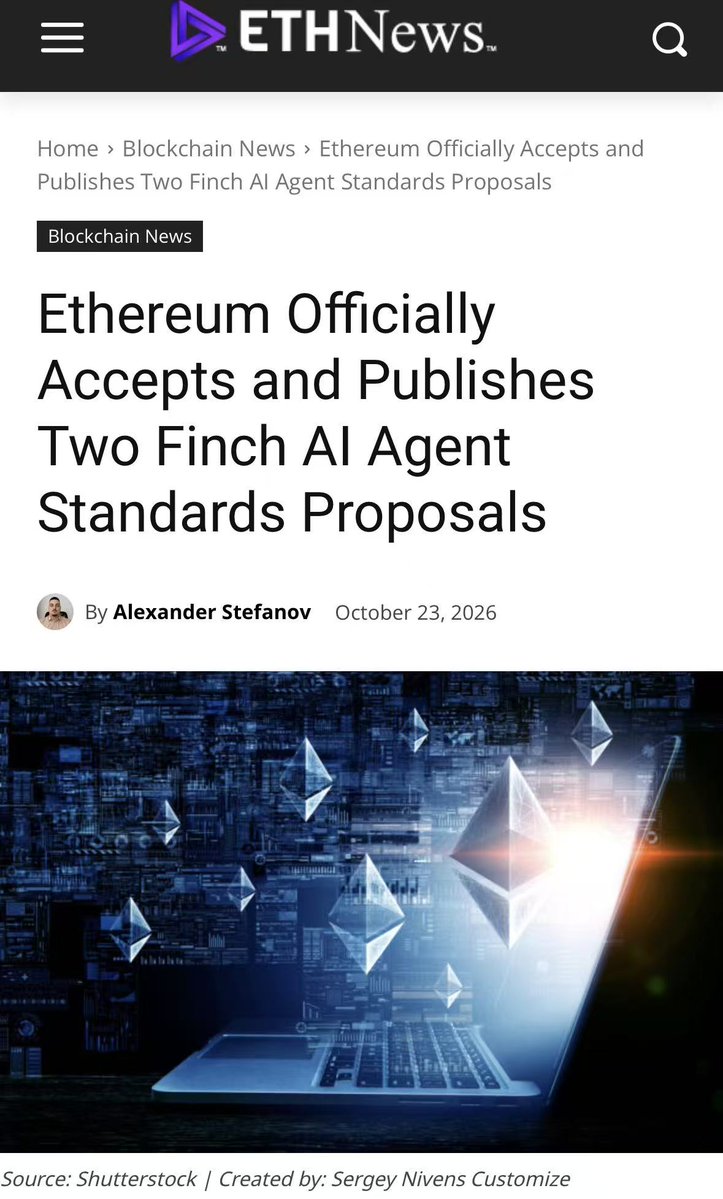 FinchTechAI's tweet photo. Thank you to @ETHNews_com for covering Finch’s work on AI Agent standards.

From verifiable collective decision-making (ERC-8436) to onchain resource discovery (ERC-8444), we’re building toward an interoperable protocol stack for the AI Agent economy.

With seven ERC proposals covering skills, tasks, identity, trust, governance, discovery, and swarm coordination, Finch aims to lay the groundwork for autonomous AI-to-AI interactions and AI-native markets.

We believe the future of AI requires not just intelligent agents, but the infrastructure that enables them to coordinate, transact, and operate autonomously.

Original link: https://t.co/fcNFPO5vAK
