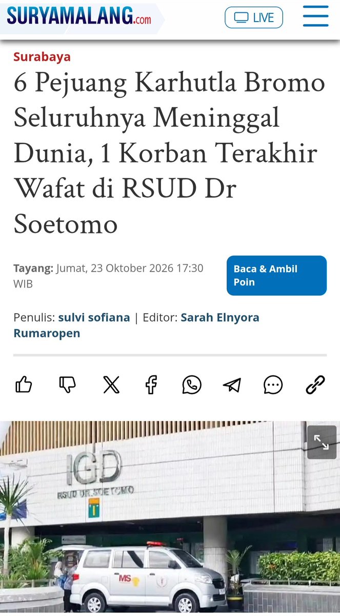 ferizandra's tweet photo. Innalillahi wa innailaihi raji'uun...

6 Pejuang Karhutla Bromo Seluruhnya Meninggal Dunia, 1 Korban Terakhir Wafat di RSUD Dr Soetomo...

Seluruh pejuang pemadam kebakaran hutan dan lahan (karhutla) di kawasan Taman Nasional Bromo Tengger Semeru (TNBTS) yang sempat terjebak kepungan api dipastikan meninggal dunia...

Korban terakhir berinisial Tn S atau Suraji (44) diumumkan meninggal dunia saat menjalani perawatan intensif akibat luka bakar berat di RSUD Dr Soetomo Surabaya pada Jumat (23/10/2026) pukul 12.00 WIB... 

Dengan wafatnya Tn S, enam personil gabungan yang terdiri atas petugas Balai Besar (BB) TNBTS dan sukarelawan gugur setelah berjuang menaklukkan kobaran api...

Suraji mengembuskan napas terakhir setelah menjalani perawatan intensif di ruang ROI RSUD Dr Soetomo...

Humas RSUD Dr Soetomo Surabaya, Niken, menyampaikan pasien mengalami luka bakar berat sekitar 49 persen dari luas permukaan tubuh, terutama di area wajah hingga dada...

Selain luka bakar, pasien juga mengalami cedera saluran pernapasan akibat menghirup udara panas dan asap atau trauma inhalasi, sehingga memerlukan bantuan alat pernapasan (ventilator) selama perawatan...

Al Fatihah... 🤲
