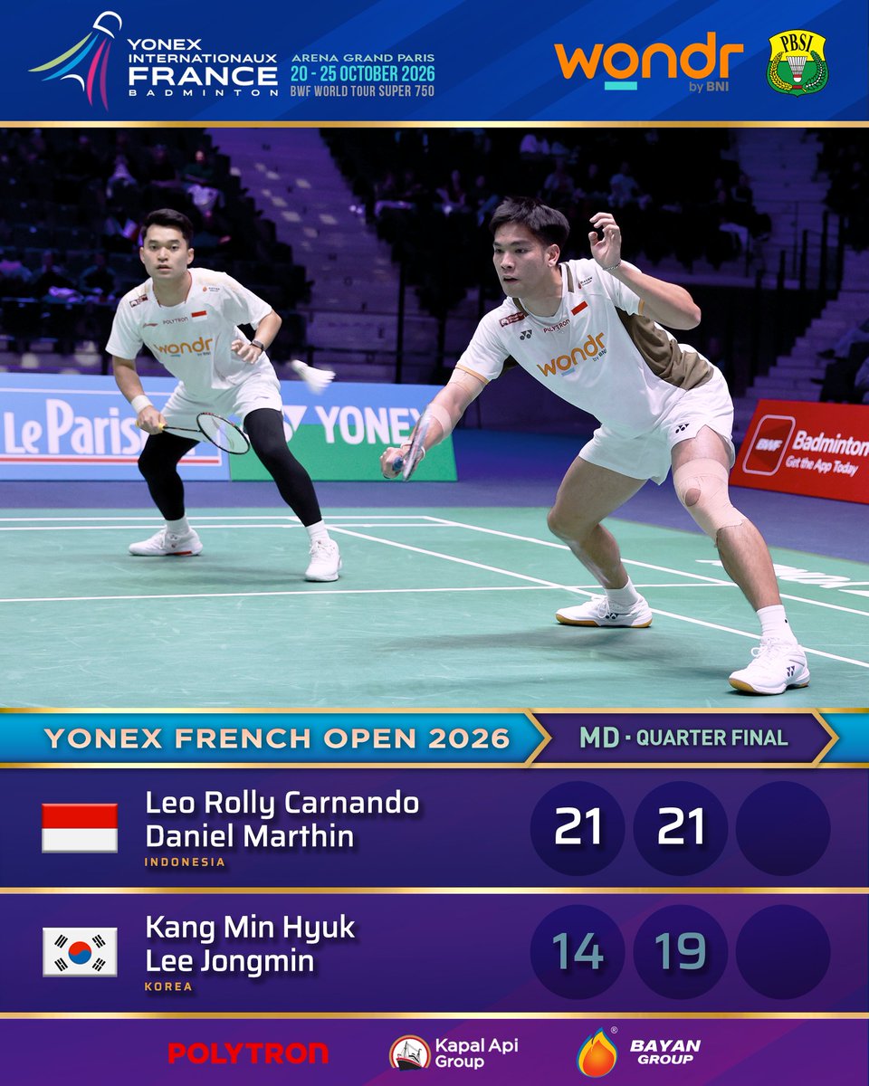 INABadminton's tweet photo. Redam perlawanan ganda Korea, Leo/Daniel melaju ke semifinal.

Vamos! 😎

#BadmintonIndonesia #FrenchOpen2026 https://t.co/He8e6j8x8a