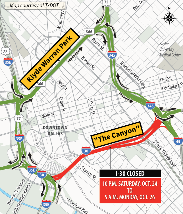 DallasPD's tweet photo. **TRAFFIC ADVISORY for this weekend in downtown #Dallas**

WHAT: @txdotdallas has scheduled a full closure (both directions) of the "Canyon" -- the portion of Interstate 30 through downtown Dallas -- as part of its ongoing I-30 Canyon Corridor Improvement Project.

WHEN: The closure begins at 10 p.m. on Saturday, Oct. 24, and is scheduled to reopen at 5 a.m. on Monday, Oct. 26.

DETOURS: Plan ahead for delays. Signed detours will direct traffic to use Texas Spur 366 (Woodall Rodgers Freeway) as an alternate east-west route through downtown Dallas. Avoid unnecessary travel through the area, if possible. #dfwtraffic #dallastraffic #ntxtraffic
