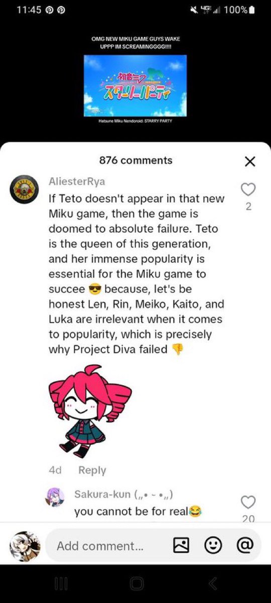 dipshidLEEGEE's tweet photo. Sorry for hating on a group of unfunny porn addicts who spam the 3 fucking jokes that they have and proceed to say shit like this whenever anyone even dares mention any other fucking Vocaloid that isn’t their red haired whore #KillAllTetoFans https://t.co/fAiKFV3Iah