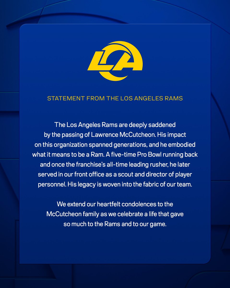RamsNFL's tweet photo. The Rams are saddened by the passing of Rams Legend Lawrence McCutcheon. Our sincere condolences are with his family and friends during this difficult time. https://t.co/xmoxM7Yaam