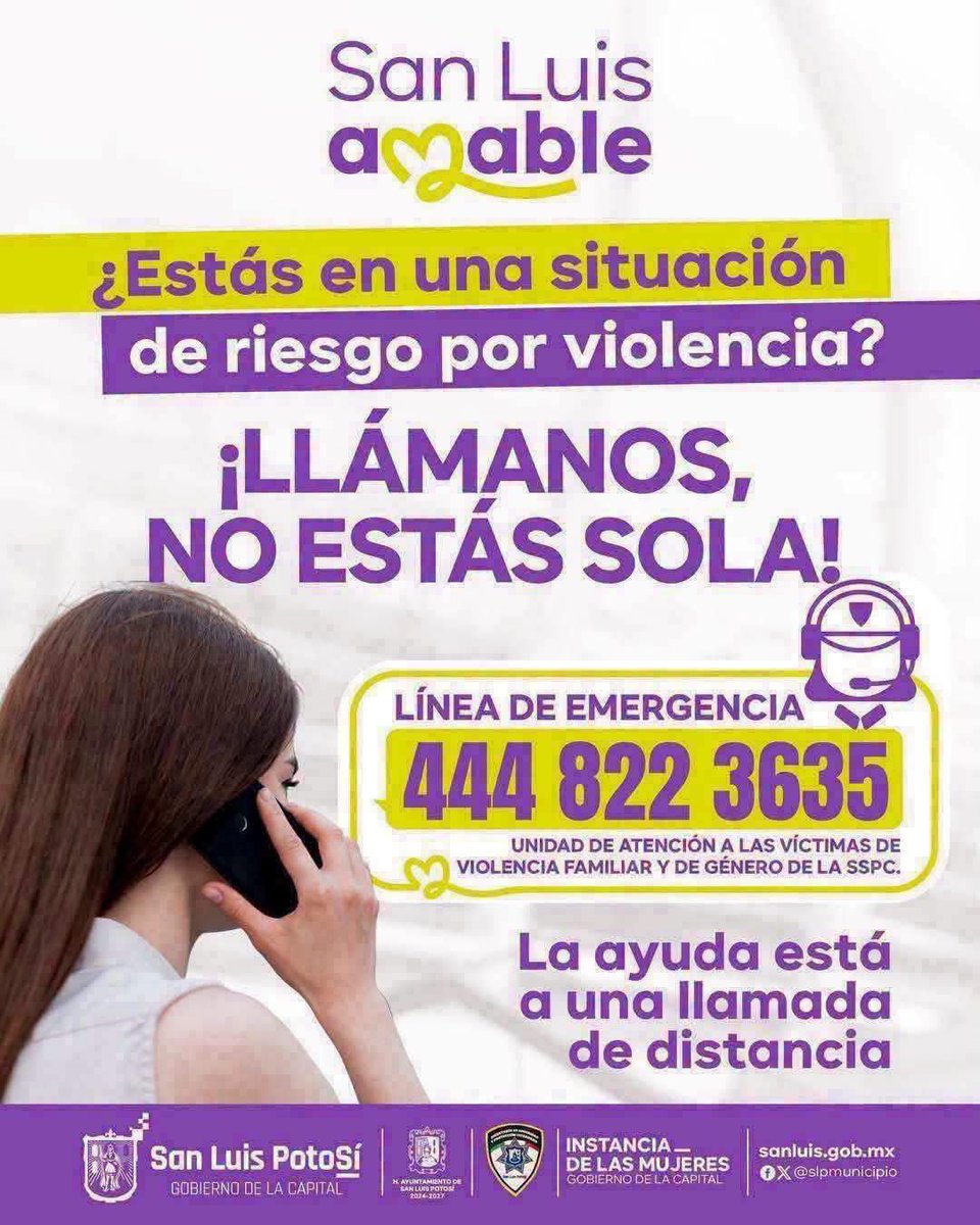 SSPCSLP's tweet photo. 📣🟣 En el municipio de San Luis Potosí, no hay lugar ni para la discriminación ni para el abuso 🚺🤲🏼
 
📞Llama a la línea de emergencia 4448 22 36 35

👮🏻‍♀️🚔 La Unidad de Atención a las Víctimas de Violencia Familiar y de Género de la #SSPC está para apoyarte 🧑‍🧑‍🧒‍🧒✔️

👉🏼Compartir 🔁