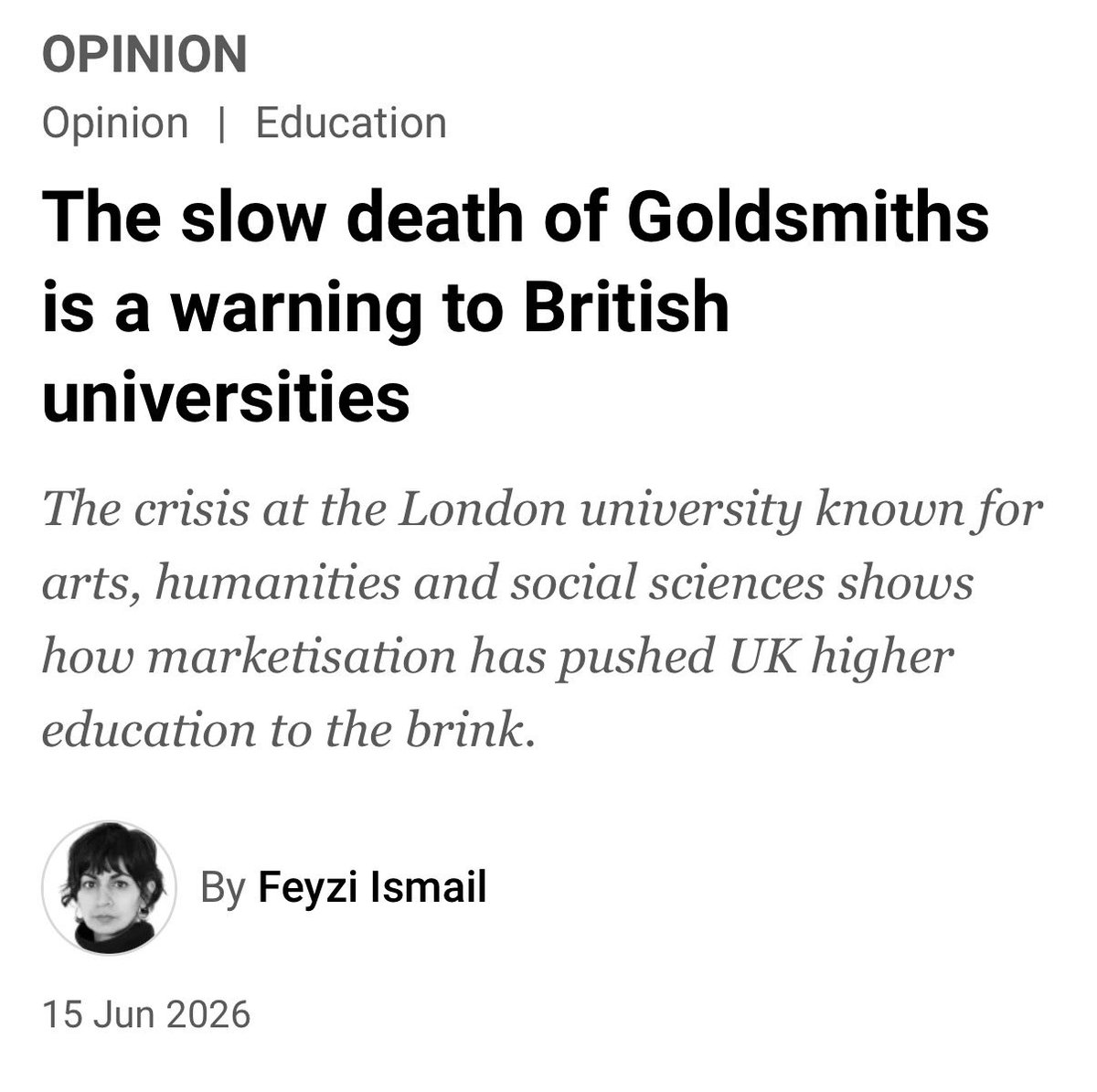 Fergus_NBlair's tweet photo. If anyone wants to know the actual reason Goldsmiths pulled out of this deal, it’s because they are in dire financial straits - as has been widely reported.

The Green administration in Lewisham was fully supportive of the Catford campus plans, and Goldsmiths has made no suggestion that our policies played any role in this decision.

Lewisham Labour should be ashamed of themselves for suggesting otherwise.