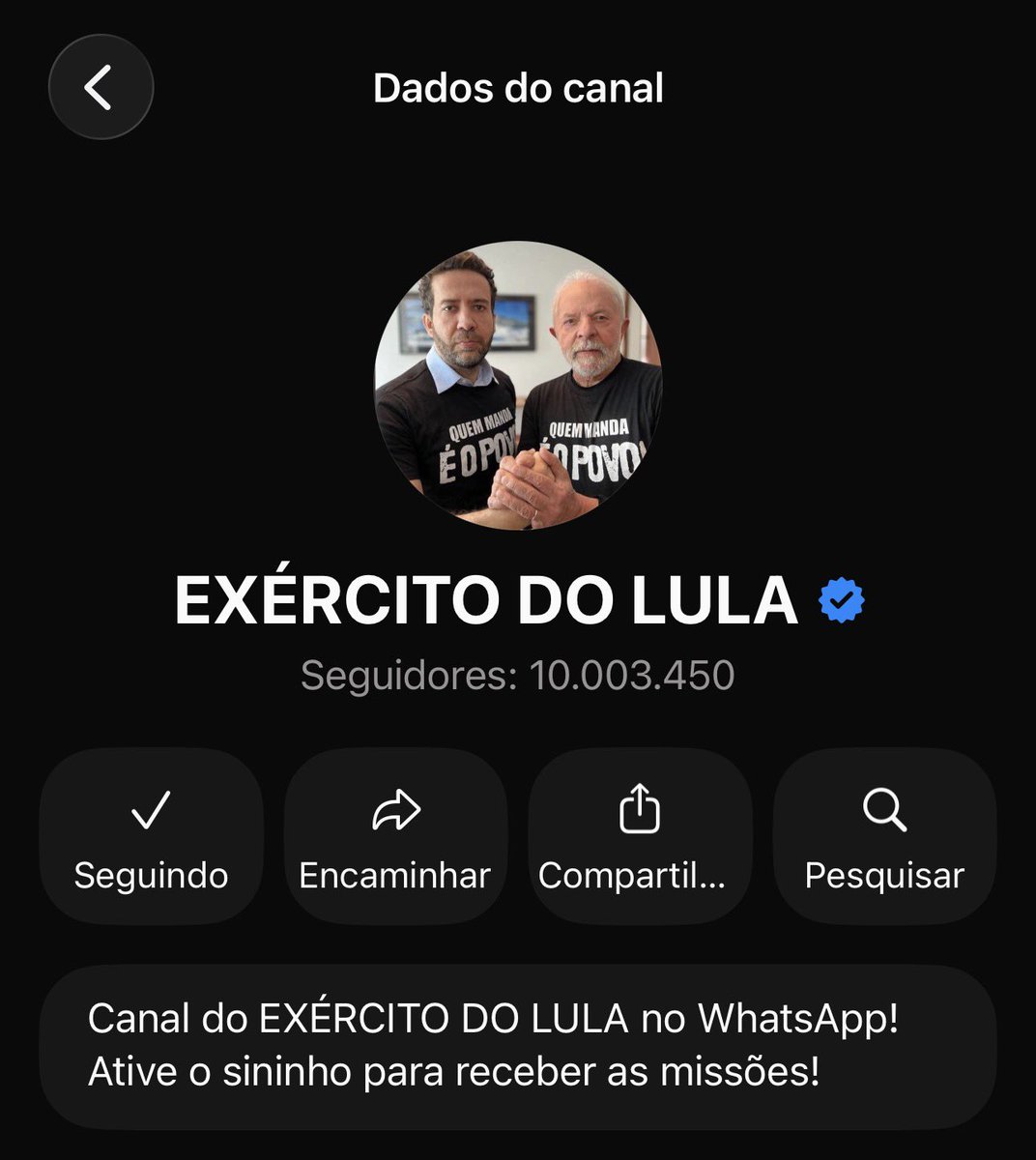 lazarorosa25's tweet photo. 🚨 URGENTE! Para desespero da extrema direita, Canal “Exército do Lula”, mesmo com toda perseguição sofrida, acaba de atingir 10 MILHÕES DE SEGUIDORES.

É o maior canal de WhatsApp do Brasil.

#Somos10MilhoesPorLula
#10MilhoesDeSoldadosDoLula
LULA VAI VIRAR https://t.co/62YW123auq