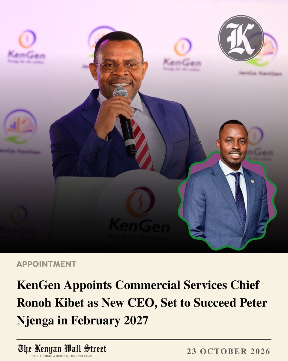 kenyanwalstreet's tweet photo. KenGen PLC has appointed Eng. Ronoh Kibet Charles as Managing Director and CEO-designate, effective 1 February 2027, succeeding Peter Waweru Njenga, who is retiring after leading the company since August 2023. 

Eng. Kibet, currently General Manager of Commercial Services, brings over 17 years of experience in geothermal development, project delivery and commercial strategy. 

He oversees KenGen's electricity sales, investments, partnerships and sustainability initiatives, including work on the Olkaria Green Energy Park.

/After @AmbokoJH