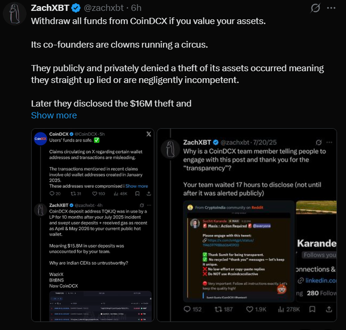 Con_Alert's tweet photo. ZachXBT is telling people to pull all their money out of CoinDCX after a $16 million loss the exchange first denied. Its co-founder said the wallets weren't breached and told people not to spread rumors. https://t.co/cVkGW2TzgZ