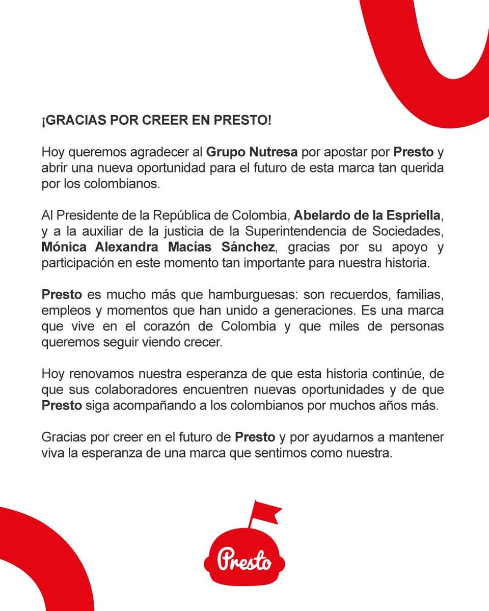 presto_co's tweet photo. ❤️🇨🇴 Hoy queremos decir GRACIAS a quienes hacen posible que Presto siga mirando hacia el futuro.

Al Grupo Nutresa, a Abelardo de la Espriella y a Mónica Alexandra Macías Sánchez, gracias por su participación y apoyo en este momento tan importante para nuestra historia. https://t.co/FMik4GhfrA