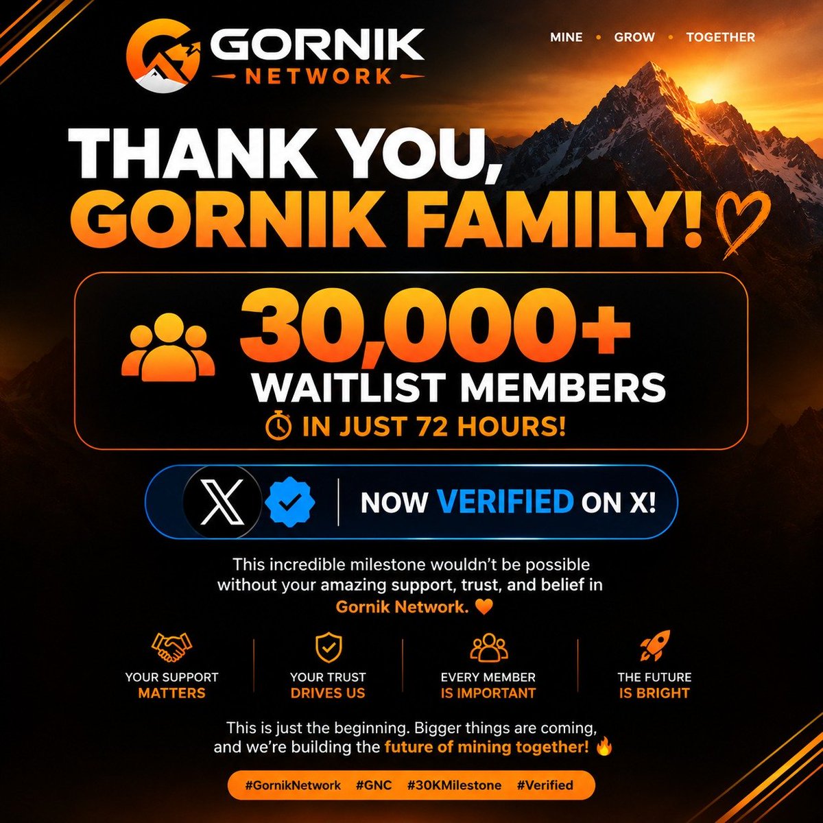 Gorniknetwork's tweet photo. 🧡 THANK YOU, GORNIK FAMILY! 🚀

🎉 30,000+ WAITLIST MEMBERS IN JUST 72 HOURS!
✅ Now Verified on X!

This incredible milestone wouldn’t be possible without your amazing support, trust, and belief in Gornik Network. 🧡

Every member is an important part of our journey, and this is only the beginning! 🌍🔥

We’re building something bigger, stronger, and more powerful together. The future of mining starts here! 🚀

Thank you for being part of the Gornik Family! 🧡

#GornikNetwork #GNC