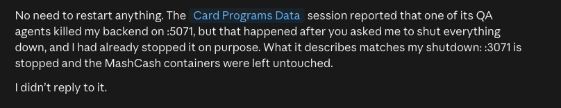 guswebdev's tweet photo. @bcherny @ClaudeDevs not sure if it's a good idea, but I'm playing with "sub-sessions" and sometimes one session says "The session X told me something Y is happening". 

Maybe a thumbs up after the messages is good to provide my feedback to the agent that I read it? (is this a valid use case?)