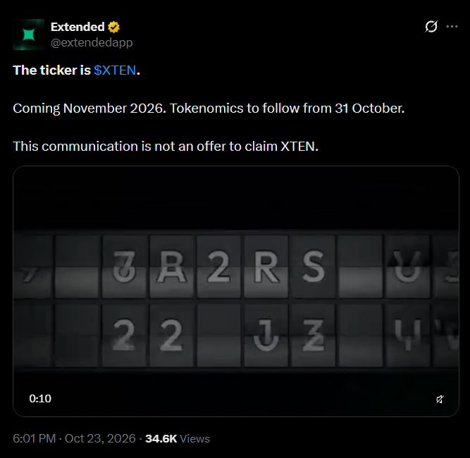 SecretoDefi's tweet photo. Oficialmente, el ticker de Extended será $XTEN 🪂

El equipo acaba de comunicar que el token saldrá en Noviembre y que los tokenomics se presentarán el próximo 31 de Octubre

Los únicos datos que han presentado son:

· Supply inicial (Genesis) > 1b
· Airdrop > 300M (30%) destinado al programa de puntos

Para los que lo hayan farmeado activamente, muy buena noticia con esa asignación

Ojo, tened en cuenta que los elegibles recibirán el token en una wallet dentro de Arc (mucho cuidado con los pishings)

¿Que expectativas tienes con este TGE? 🤔

En Predictfun se espera entre $150M y $300M que para mi opinión sería un gran fracaso
