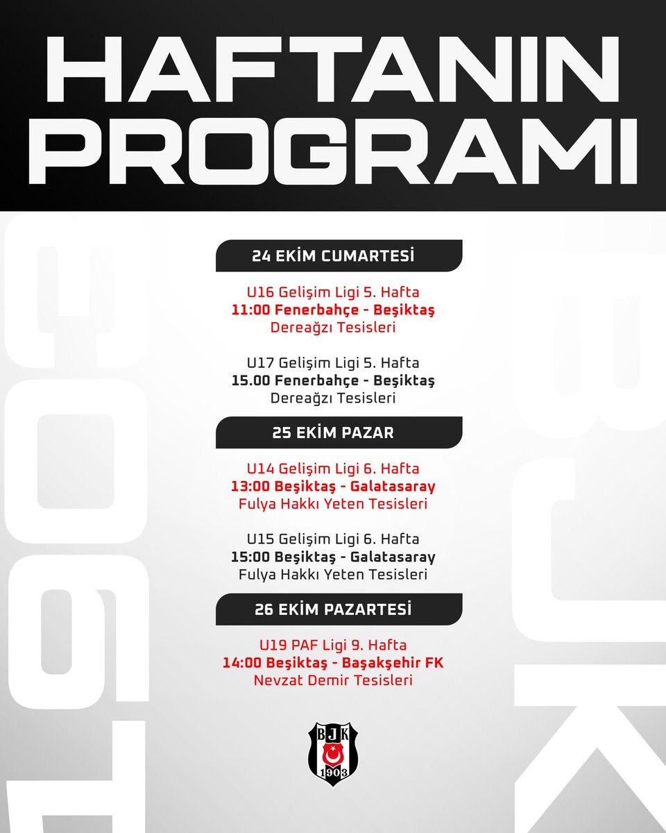 BjkAkademi's tweet photo. 🗓️ Futbol Akademimizde haftanın programı.

⬛️⬜️ https://t.co/12OKOH8IO3