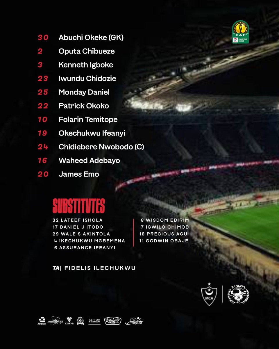 Rangers_Intl's tweet photo. HOW WE LINE UP IN ALGIERS! 🦅🔴⚪️

XI: Abuchi Okeke (GK), Oputa Chibueze, Kenneth Igboke, Iwundu Chidozie, Monday Daniel, Patrick Okoko, Folarin Temitope, Okechukwu Ifeanyi, Chidiebere Nwobodo (C), Waheed Adebayo, James Emo.

Subs: Lateef Ishola, Daniel J Itodo, Wale S Akintola, Ikechukwu Mgbemena, Assurance Ifeanyi, Wisdom Ebirim, Igwilo Chimobi, Precious Agu, Godwin Obaje.

TA: Fidelis Ilechukwu 

Let’s lock the gate! 🔒⚡️

#UpRangers #NeverSayDie #CAFCL #MCARAN