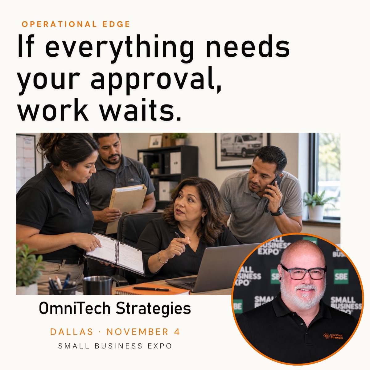 tekprofessional's tweet photo. If everything needs your approval, work waits. Does your team know what they can decide—and when to involve you?

Sound familiar? Message me “CONNECT”—let’s talk about keeping customer work moving. Dallas: Small Business Expo, Nov 4.  Let's connect.

#trusttheprocess #revops https://t.co/Pav6Xgw25B
