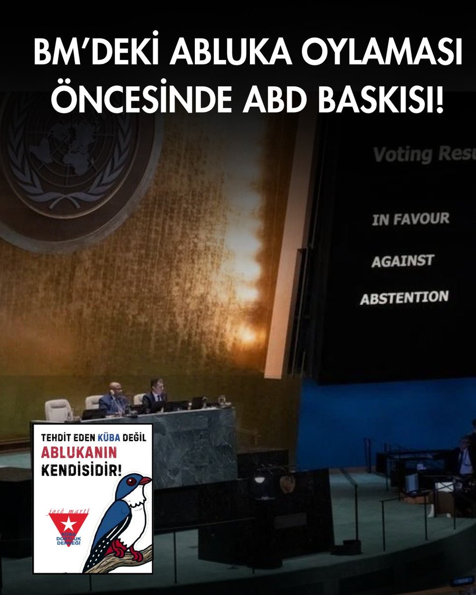 kubadostluk's tweet photo. Tehdit Küba değil, ABD ABLUKASIDIR

BM'DEKİ ABLUKA OYLAMASI ÖNCESİ ABD BASKISI! 

Küba'ya karşı 60 yıldan fazladır uygulanan soykırım suçu niteliğindeki ABD ablukası bir kez daha BM Genel Kurulu'nda oylanacak.

Otuz dört yıldır Birleşmiş Milletler Genel Kurulu’nda üye ülkelerin ezici çoğunluğu tarafından mahkûm edilen bu insanlık dışı kuşatma, şimdiyse ABD emperyalizminin kirli diplomatik baskılarıyla ayakta tutulmak isteniyor.

BM’deki kritik oylama öncesinde ABD Dışişleri Bakanı Marco Rubio, Latin Amerika liderlerini tek tek kıskaca alarak abluka oylamasında destek arayışına girdi. Kolombiya’dan El Salvador’a kadar bölge ülkeleri üzerinde kurulan bu diplomatik baskı ve tehditler, ABD’nin 2026 Ocak ayında yayınlanan Başkanlık Kararnamesiyle Küba’ya yönlendirdiği ağır saldırılara karşın adada süren direnci kıramamasının yarattığı çaresizliğin en somut göstergesidir.

Bilinmelidir ki; dünyayı tehdit eden Küba değil, insanlık dışı ABD ablukasıdır! 
Soykırım suçu teşkil eden ABD ablukası derhal kaldırılmalıdır!
Direniş ablukaya alınamaz!

#cubanoesunaamenazaelbloqueosi
#tumbaelbloqueo
#100AnosConFidel #Fidelle100Yıl