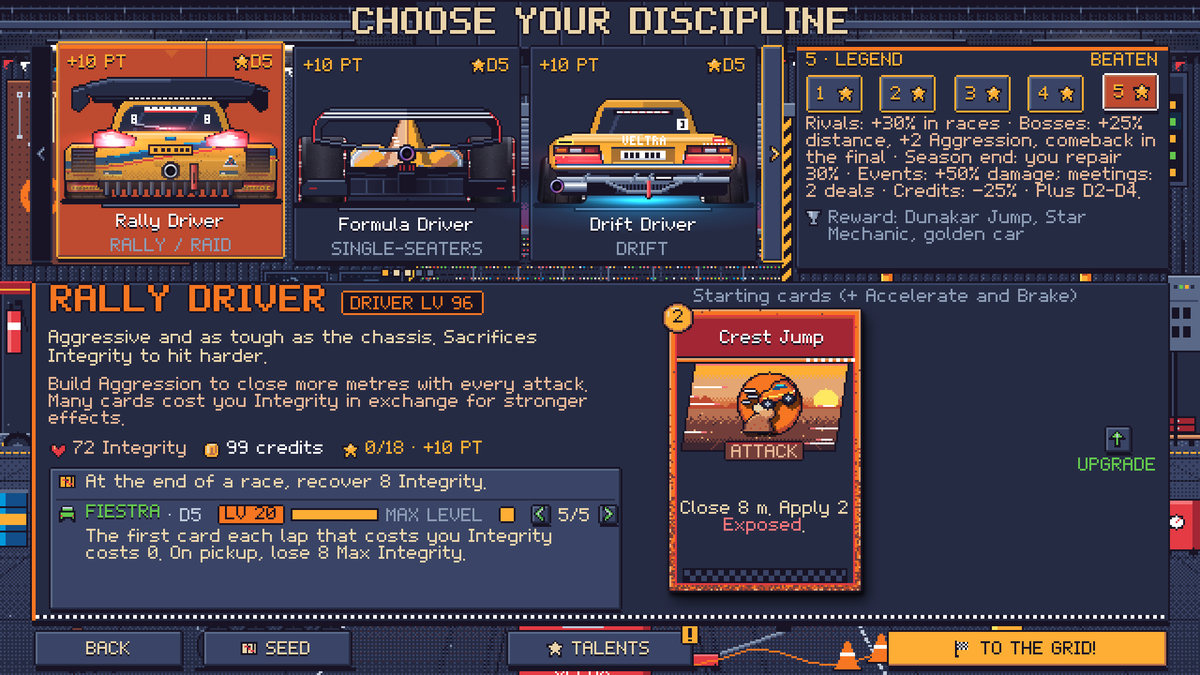 lainemotorsport's tweet photo. Pick your discipline: each driver has their own deck, mechanics and one car per difficulty, each with an upside and a downside. Winning levels you up and unlocks new drivers. Who would you start with?
#indiedev #deckbuilder #roguelike #pixelart https://t.co/5l5R1rPShl