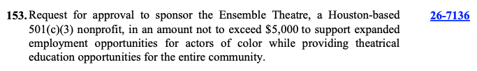 MarkMcCaig's tweet photo. Rodney Ellis wants Harris County taxpayers to spend $5,000 "to support expanded employment opportunities for actors of color while providing theatrical education opportunities for the entire community."

This is what they passed a massive property tax hike to pay for??? https://t.co/atGSz26akW