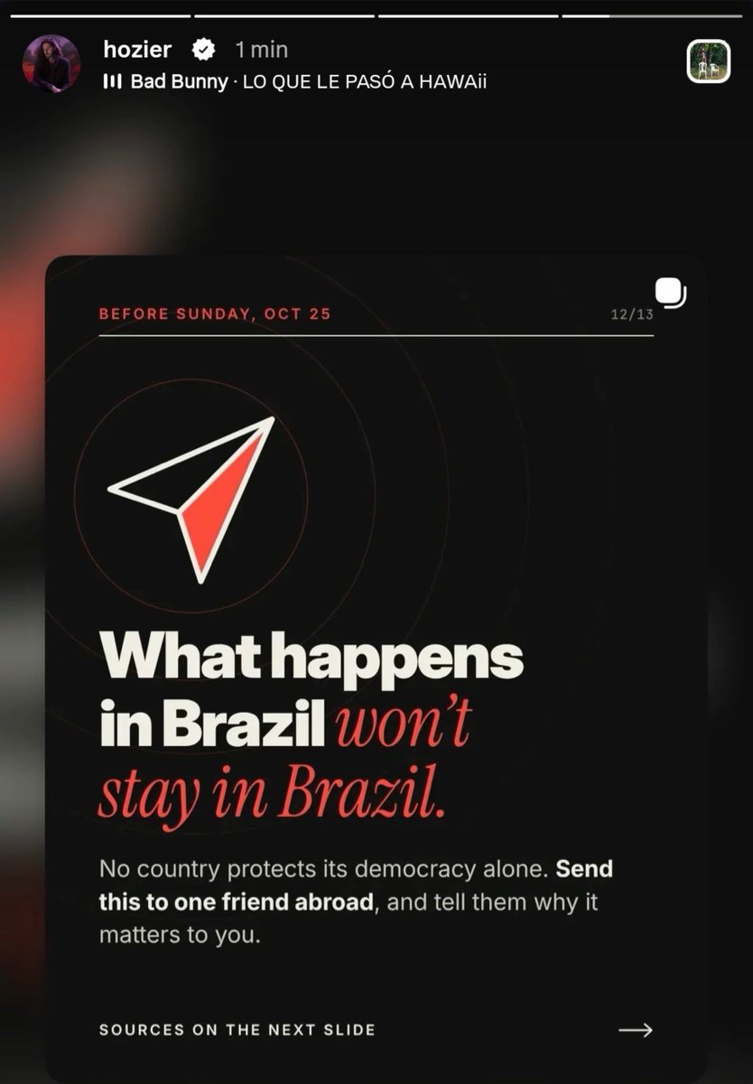 hozierbr's tweet photo. 🚨 | "O que acontece no Brasil não vai ficar no Brasil.' Repost de Hozier via Instagram Stories. https://t.co/AJL9Oam2jX