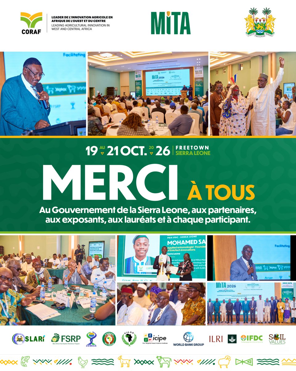 CORAFNews's tweet photo. #MITA2026 | @CORAFNews extends its gratitude to the Government of Sierra Leone, its partners, researchers, innovators, and participants for making this 6th edition a success. 

#MERCI au Gouvernement de la Sierra Leone, à nos partenaires et à tous les participants ! https://t.co/Gl2P8xDvWA