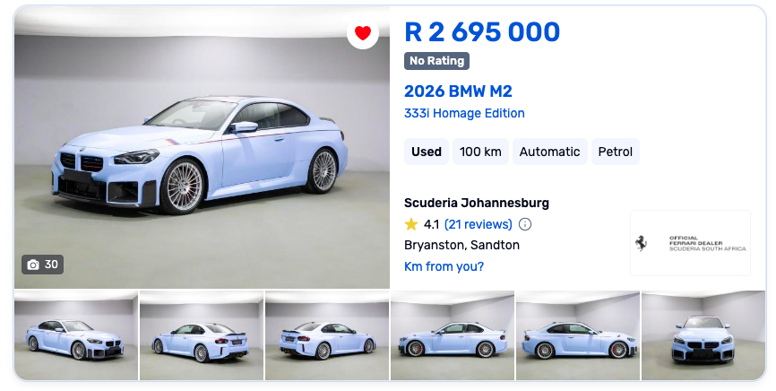 CarsofMzansi's tweet photo. I'd love to meet the buyer at @FerrariZA because damn, theyre building a collection of rare BMWs!

1M Coupe - R640K+ Launch - One of 71 in RSA (6200 Global)

M2 CS - R1.8m+ Launch - One of 30 in RSA (2300 Global)

M2 333i Homage - R1.9m+ Launch - One of 33 Globally! https://t.co/fw25bqUt8P