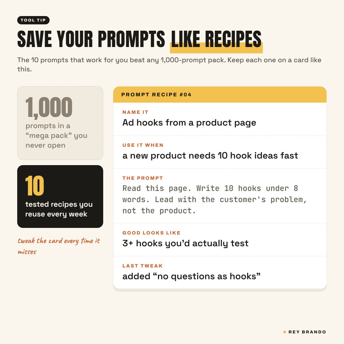 ReyBrando1's tweet photo. tip: save your best prompts like recipes. the 10 that work for you beat 1,000 from a "mega prompt pack." https://t.co/iodMKSgwUr