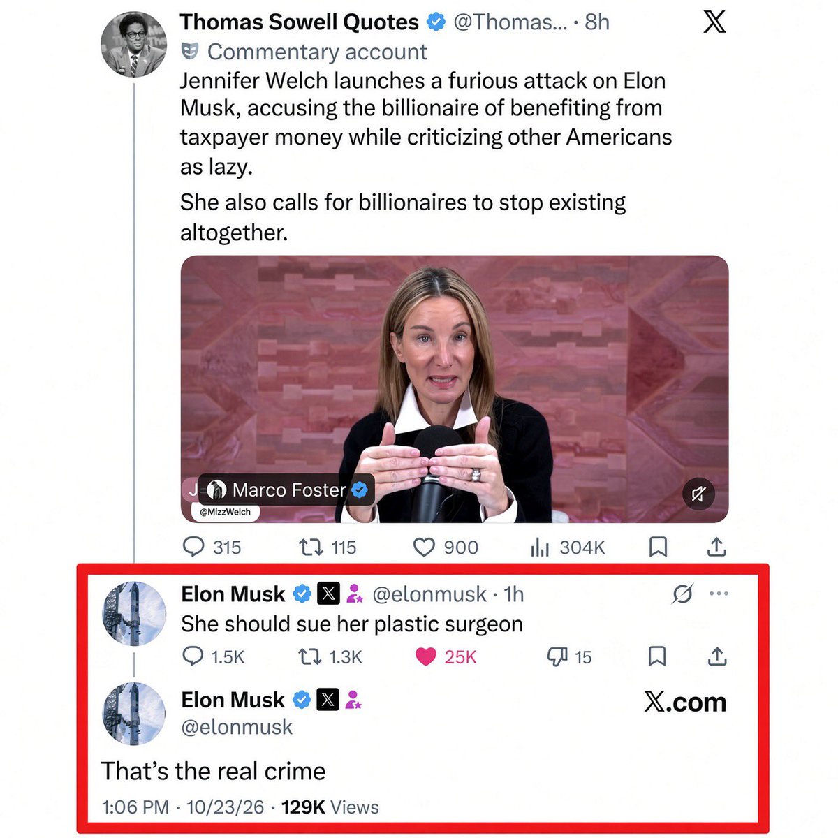 TONYxTWO's tweet photo. Jennifer Welch goes full unhinged on Elon Musk 

ELON’S RESPONSE:

“She should sue her plastic surgeon. That’s the real crime.”

I’m never deleting this app 😭😂 https://t.co/QqatgSHdHK