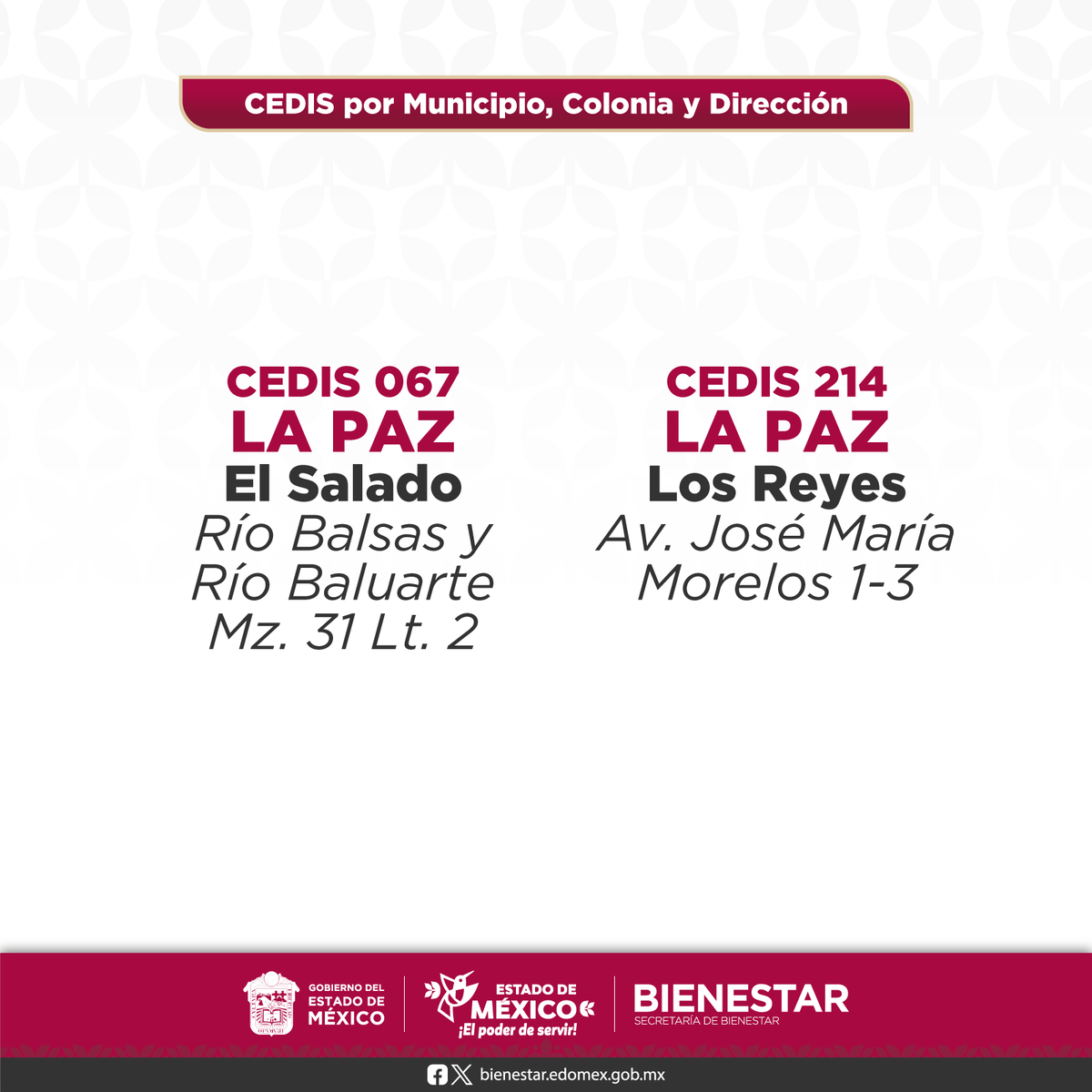 BienestarEdoMx's tweet photo. 📍Ubica tu CEDIS en la Región 14 Los Reyes Acaquilpan.

Consulta las direcciones en las imágenes.

¿Aún no aparece tu municipio?

Publicaremos diariamente información de los CEDIS de todos los municipios del Estado de México.

¡Sigue pendiente!  #EdoMéx #ElPoderDeServir https://t.co/iUXvinWODT